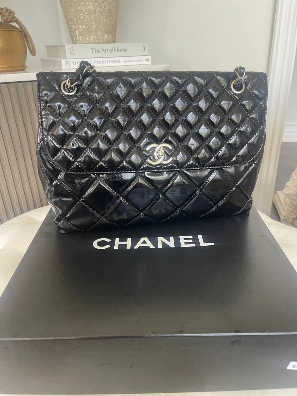 CHANEL Black Quilted Patent Shoulder Bag with CC Turn-Lock
